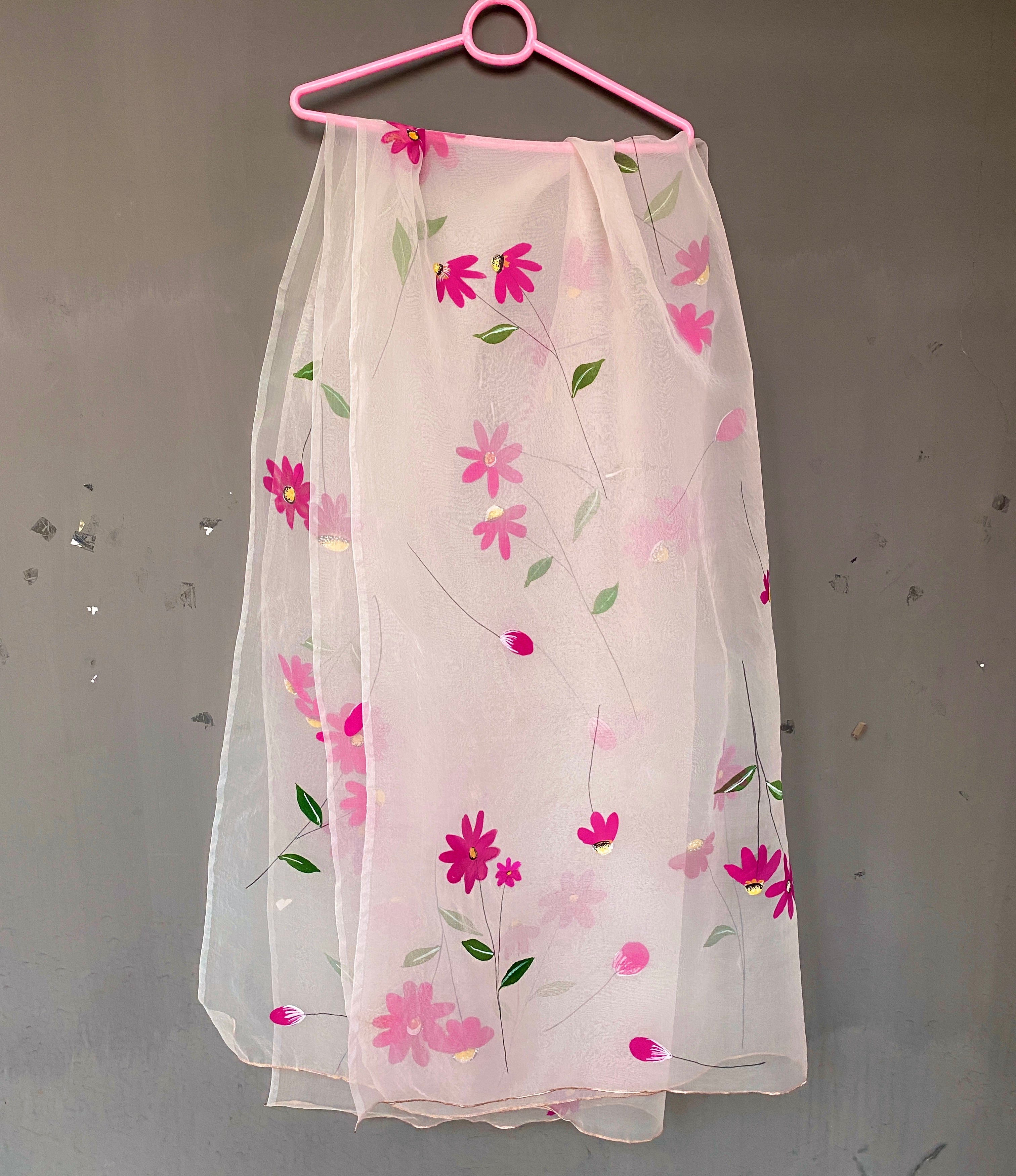 Pink Daisies - Hand Painted Dupatta